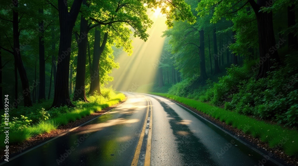 Fototapeta premium Sunbeams illuminate a tranquil forest road, creating a picturesque journey through lush greenery and towering trees, a serene and inspiring natural scene.