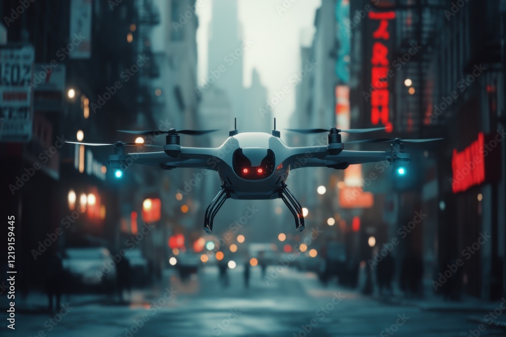 Fototapeta premium A Futuristic Drone Captured in Motion Above a Foggy City Street Showcasing Technology Blend with Urban Environment at Dusk