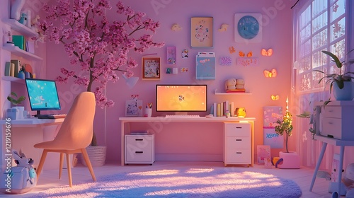 Pink Room with Desk, Sakura Tree, and Fluffy Rug