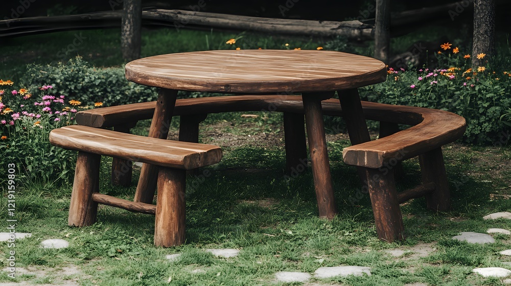 Rustic Wooden Picnic Table Set in Garden Rustic Wooden Picnic Table Set in Garden