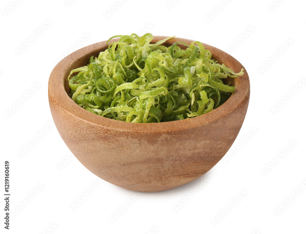 Fresh lime zest in bowl isolated on white Fresh lime zest in bowl isolated on white
