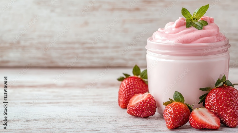 A charming jar filled with smooth strawberry yogurt, surrounded by fresh strawberries, creating a perfect combination of healthy indulgence and homemade goodness. A charming jar filled with smooth strawberry yogurt, surrounded by fresh strawberries, creating a perfect combination of healthy indulgence and homemade goodness.