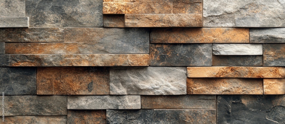 Rustic Stone Wall Texture: A Multi-hued Blend of Grey, Brown, and Orange Tones