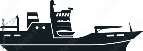 Simple black and white silhouette depicting a military patrol boat navigating the ocean, equipped with a crane, radar, and various essential maritime tools