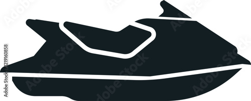 Black and white vector icon depicting a jet ski, capturing the essence of summer activities, water sports, and recreational vehicles for leisure and adventure enthusiasts