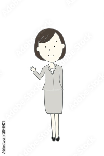business woman sign hand (グレーのスーツを着た手をかざす女性のイラスト)