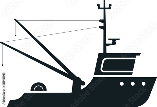 Black silhouette of a fishing trawler with rigging, winch, and radar, isolated on a white background, representing commercial fishing and maritime industries