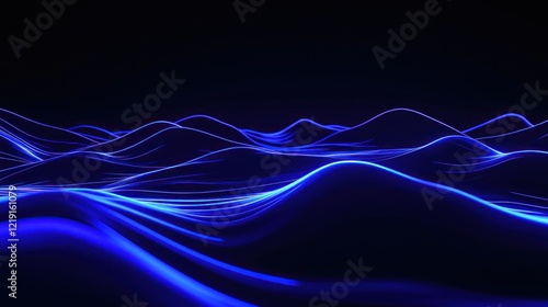 Abstract Blue Light Waves Flowing Over Dark Background Concept