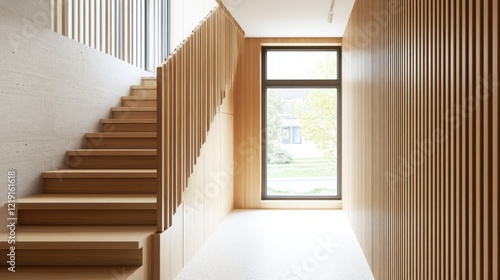 Modern Minimalist Hallway With Wooden Stairs  Walls  And A Large Window Offering A View Of Greenery. The Light  Airy Space Evokes A Feeling Of Calm And Serenity.