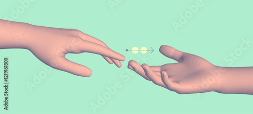 Hands reaching towards each other. Concept of human relation, togetherness or  partnership. 3D vector illustration. Design for banner, flyer, poster, cover or brochure.