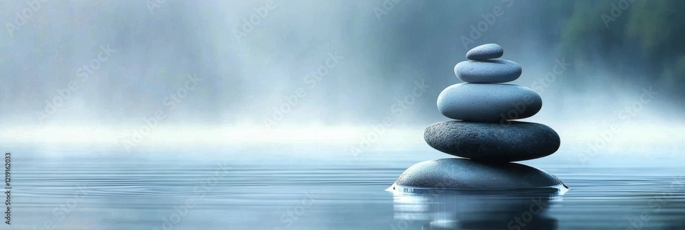 Fototapeta premium A serene scene showcasing stones in perfect equilibrium on water.