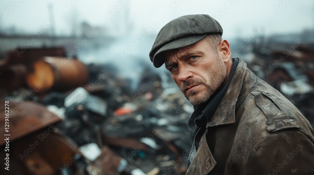 A rugged man in a flat cap stands in a chaotic industrial wasteland, evoking feelings of resilience and determination against the backdrop of environmental decline. A rugged man in a flat cap stands in a chaotic industrial wasteland, evoking feelings of resilience and determination against the backdrop of environmental decline.