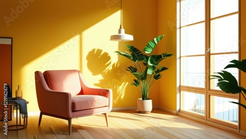 Sunny living room, warm yellow walls, large windows, sunlight streaming in, mid-century modern furniture, pink armchairs, wooden coffee table, potted plants, indoor greenery, cozy interior design, ret photo