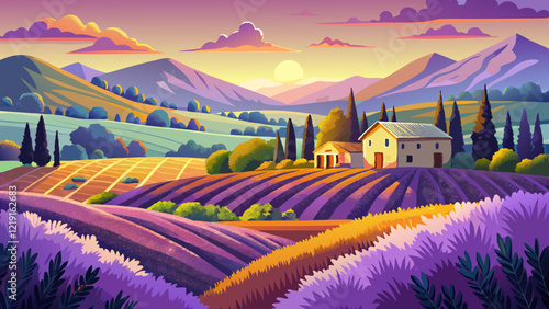 A picturesque view of a lavender field in Provence, France, bathed in the golden light of a summer sunset. Rolling hills, lush greenery, and a distant farmhouse create a serene and idyllic scene