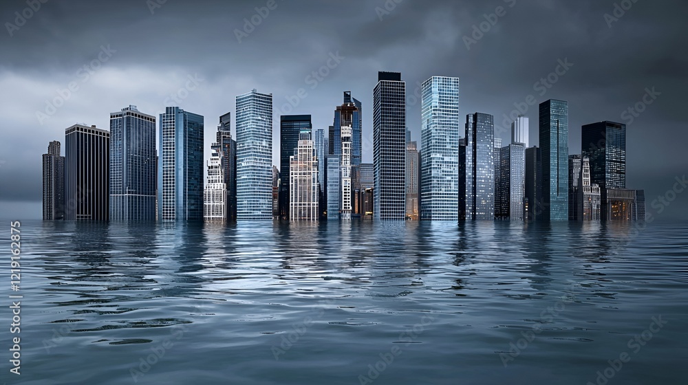 Fototapeta premium Flooded city skyline; stormy sky; climate change impact; environmental disaster; stock photo