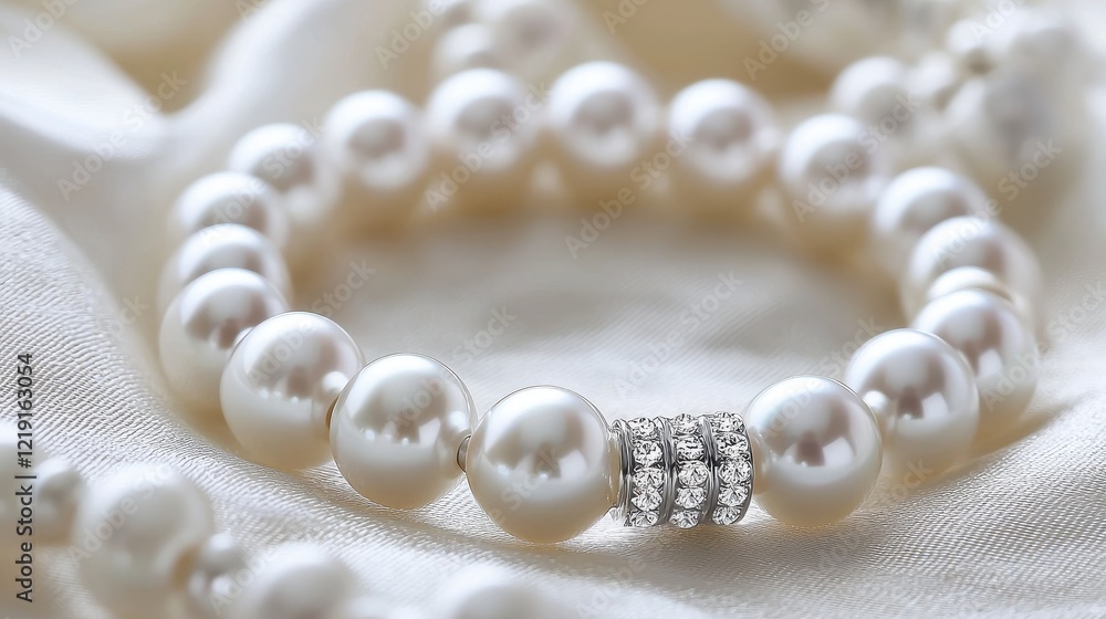 A close-up of a pearl-studded bracelet with diamond accents on a white isolated background A close-up of a pearl-studded bracelet with diamond accents on a white isolated background
