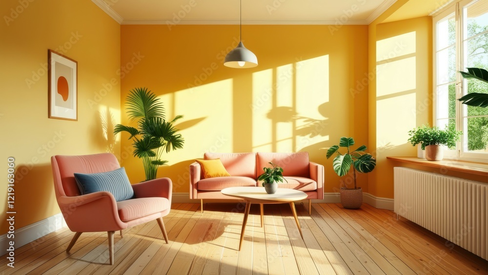 Fototapeta premium Bright yellow living room, orange walls, pink armchairs, modern minimalist furniture, large windows, wooden floor, potted plants, sunlight streaming in, cozy interior design, vibrant color palette, re