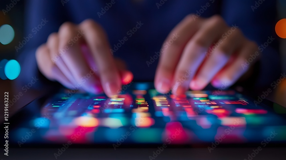 Professional using a digital tablet with glowing analytics on a professional background Professional using a digital tablet with glowing analytics on a professional background
