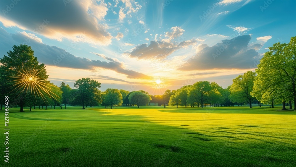Serene park landscape, golden sunset, lush green grass, tall trees silhouette, dramatic sky, sun rays, peaceful meadow, vibrant colors, wide-angle view, photorealistic, high-definition, tranquil atmos Serene park landscape, golden sunset, lush green grass, tall trees silhouette, dramatic sky, sun rays, peaceful meadow, vibrant colors, wide-angle view, photorealistic, high-definition, tranquil atmos