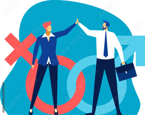 Business professionals high fiving to celebrate gender equality, symbolized by overlapping gender symbols. The image emphasizes collaboration and teamwork in a modern business environment