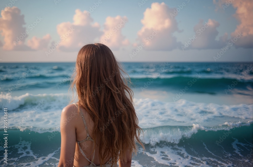 A woman with long brown hair is standing on the beach, looking out at the ocean A woman with long brown hair is standing on the beach, looking out at the ocean