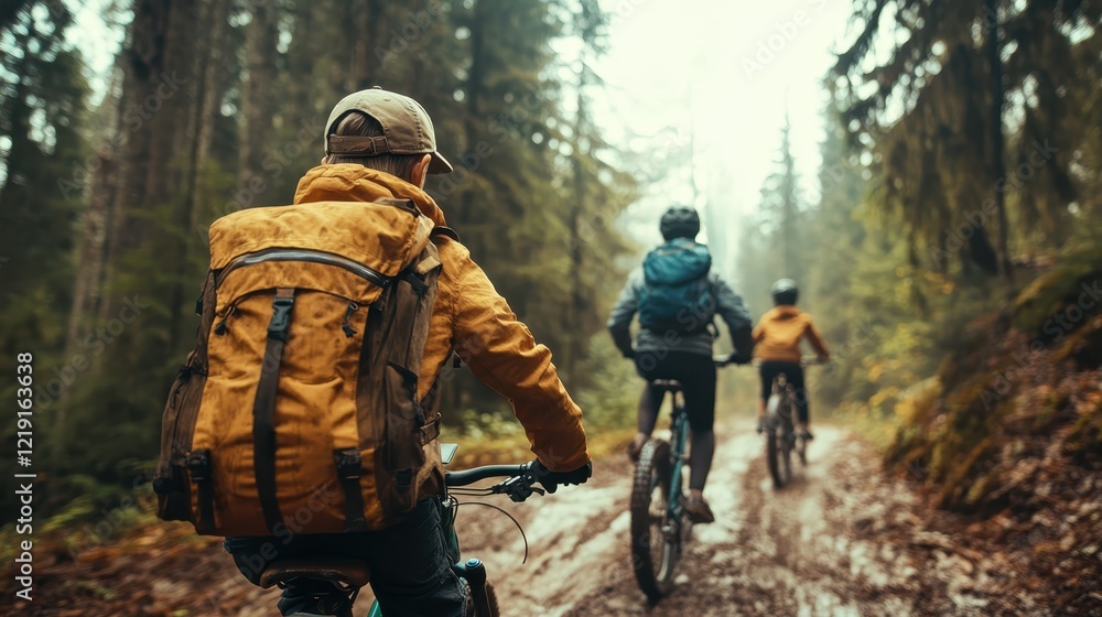 Three young cyclists navigate a muddy outdoor trail in vibrant jackets, highlighting teamwork and the joys of exploration in a captivating natural landscape. Three young cyclists navigate a muddy outdoor trail in vibrant jackets, highlighting teamwork and the joys of exploration in a captivating natural landscape.