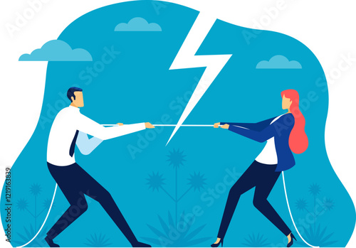 Businessman and businesswoman engaged in a tug of war competition, pulling a rope while a lightning bolt symbolizes the intense conflict and rivalry often found in the business world