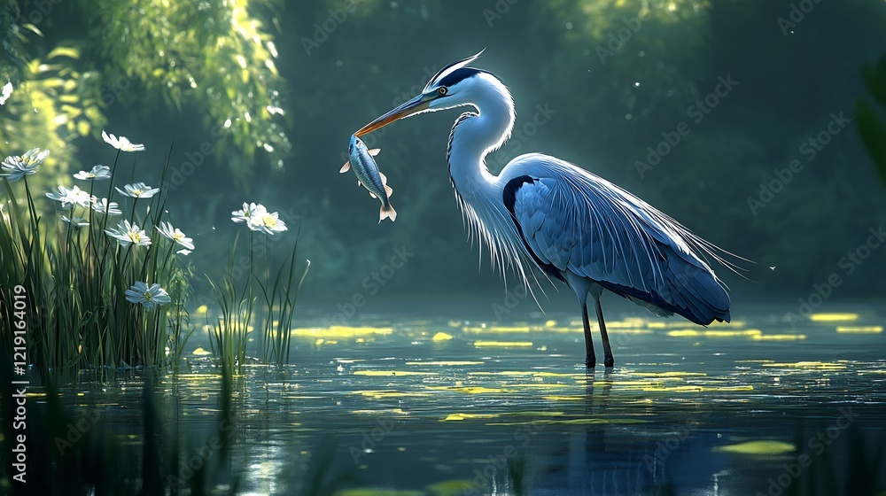 Fototapeta premium A heron catching a fish in crystal clear waters surrounded by reeds