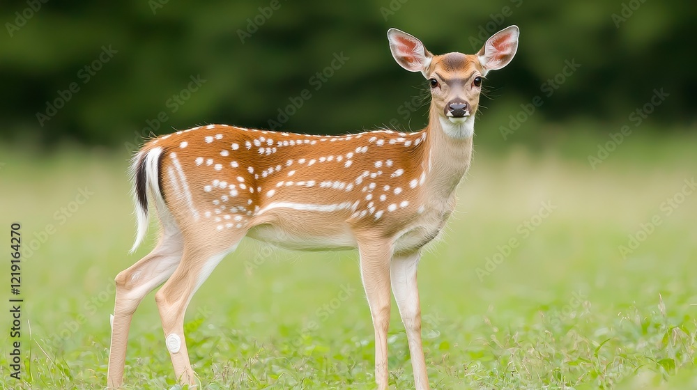 Young Spotted Deer in a Serene Green Meadow, a peaceful wildlife portrait showcasing the beauty of nature. Young Spotted Deer in a Serene Green Meadow, a peaceful wildlife portrait showcasing the beauty of nature.