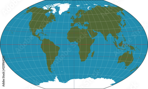 Winkel tripel projection of the planet earth with green blue and white colors. Illustration made January 25th, 2025, Zurich, Switzerland.