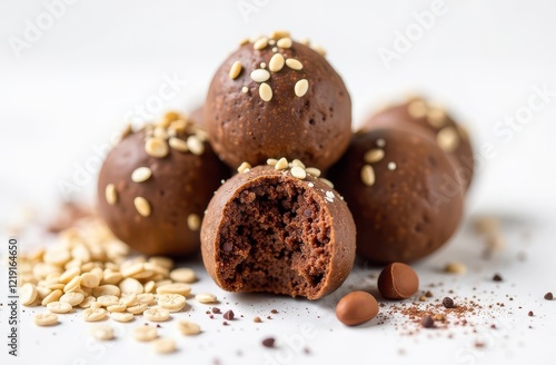 Delicious chocolate protein balls with oats and seeds on white background