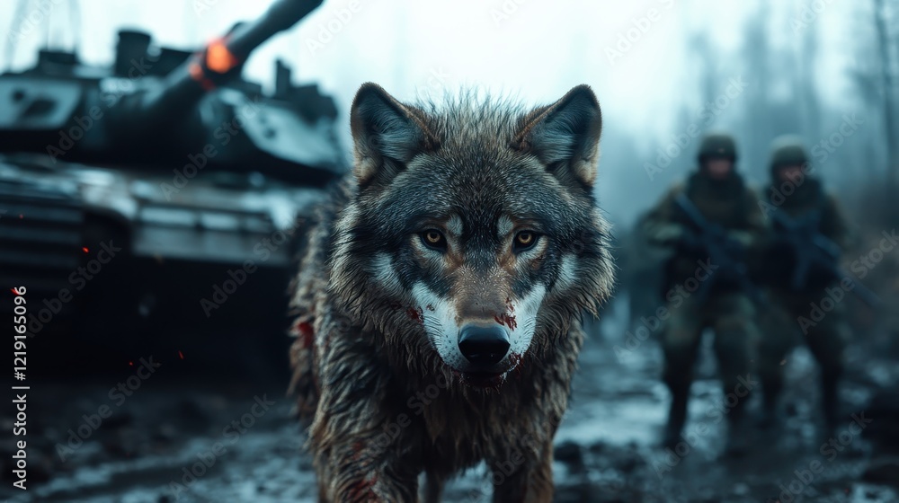 A powerful wolf commands the scene on muddy terrain, embodying nature's resilience amidst an eerie glimpse of military activity in the background. A powerful wolf commands the scene on muddy terrain, embodying nature's resilience amidst an eerie glimpse of military activity in the background.