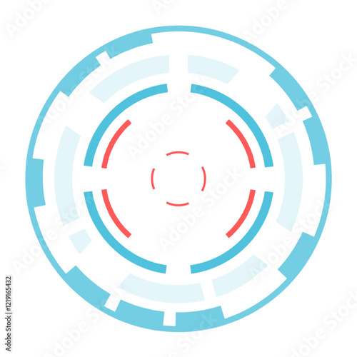 Circular futuristic heads up display element spinning and loading, composed by blue and red concentric circles, isolated on white background