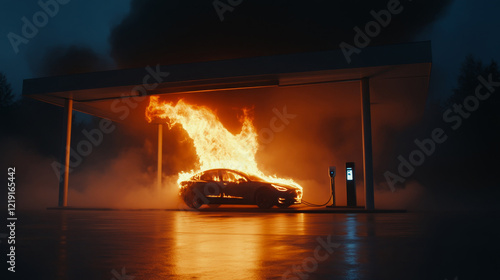 Car catches fire at electric charging station during nighttime, creating a dramatic scene with flames and smoke