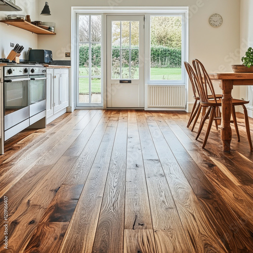 spacious kitchen with wooden flooring, modern appliances, and natural light. inviting atmosphere features dining table and chairs, perfect for family gatherings