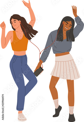 Two diverse female friends wearing earphones and joyfully dancing while listening to music from a smartphone, celebrating friendship and enjoying their time together