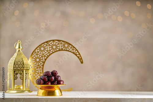 Ramadan kareem background . Golden Ramadan moon decor , with  traditional Lantern and dates fruit