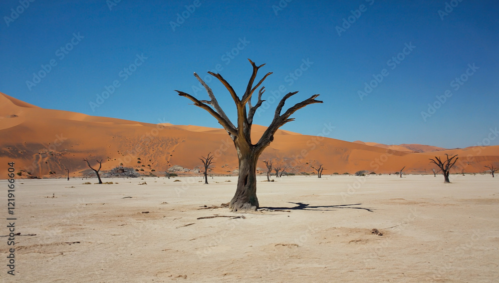 Deadvlei's Sentinel: A lone, stark dead acacia tree stands against the fiery orange dunes of Deadvlei, Namibia, a testament to the harsh beauty of the desert landscape. Deadvlei's Sentinel: A lone, stark dead acacia tree stands against the fiery orange dunes of Deadvlei, Namibia, a testament to the harsh beauty of the desert landscape.
