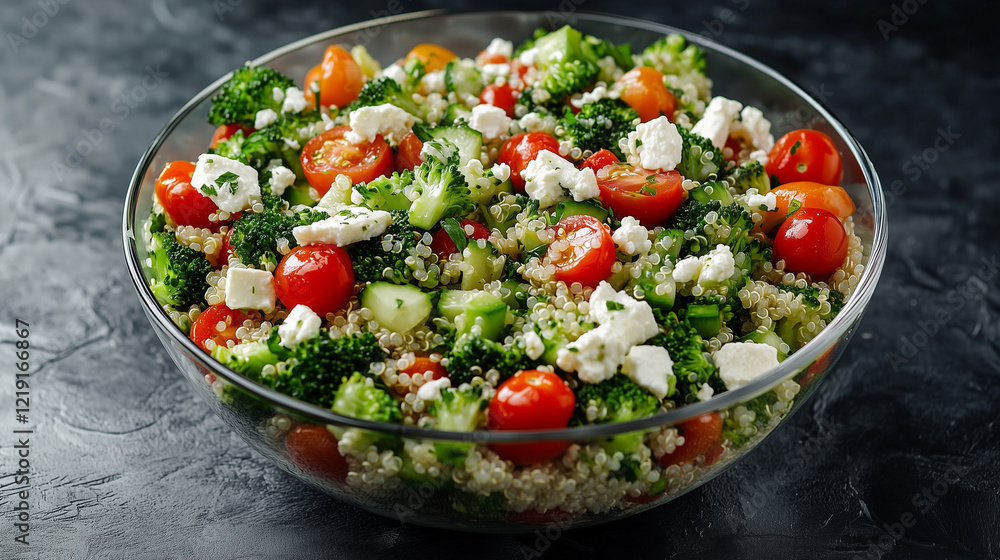 A broccoli and quinoa salad with cherry tomatoes, feta cheese, and a drizzle of lemon vinaigrette, served in a glass bowl A broccoli and quinoa salad with cherry tomatoes, feta cheese, and a drizzle of lemon vinaigrette, served in a glass bowl