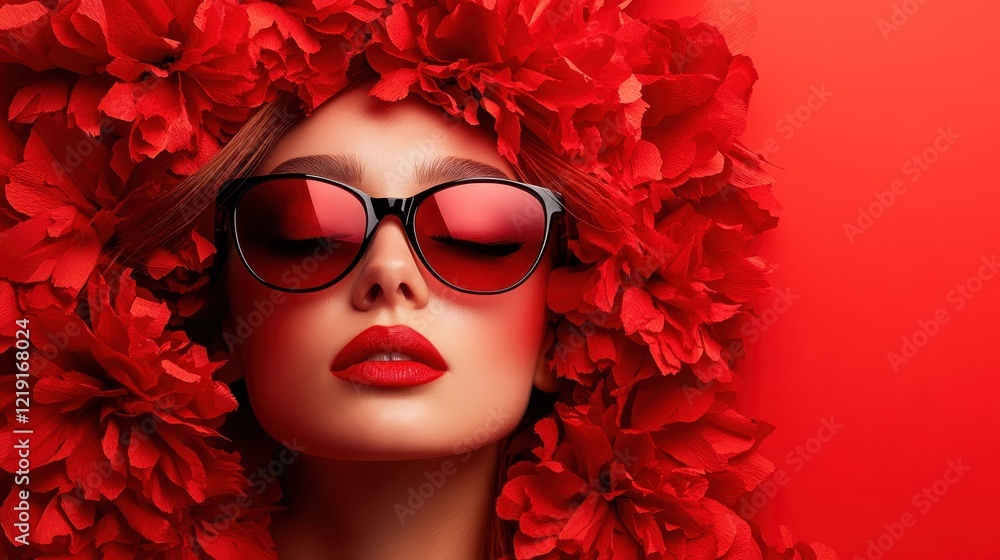 A captivating portrait of a woman adorned with lush red flowers and bold sunglasses, reflecting modern fashion trends and bold personal expression in a vibrant red setting. A captivating portrait of a woman adorned with lush red flowers and bold sunglasses, reflecting modern fashion trends and bold personal expression in a vibrant red setting.