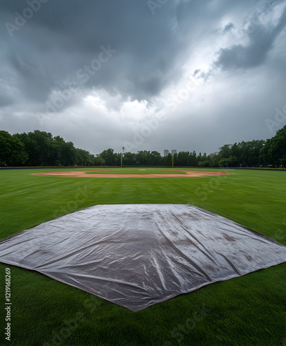 A panoramic view of a baseball diamond during a rain delay, the tarp covering the infield.


