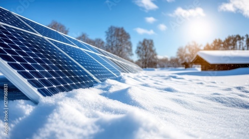 This image showcases solar panels covered in light snow, set against a bright winter sky, emphasizing renewable energy production even in cold weather conditions.