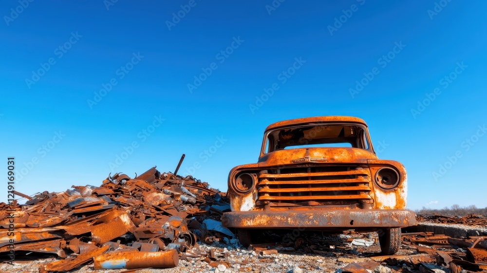 Fototapeta premium A vibrant orange truck with a rustic appearance stands among a pile of scrap metal, set against a brilliant blue sky, symbolizing resilience and history in a unique landscape.
