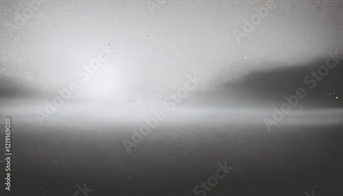 Vintage monochromatic distressed abstract old photo of foggy sunrise, film grain, dust and scratches texture effect