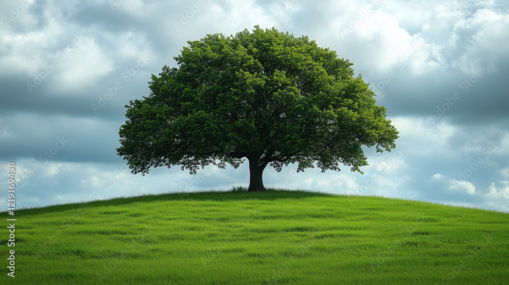 Fototapeta premium A single tree stands in a field against a cloudy sky