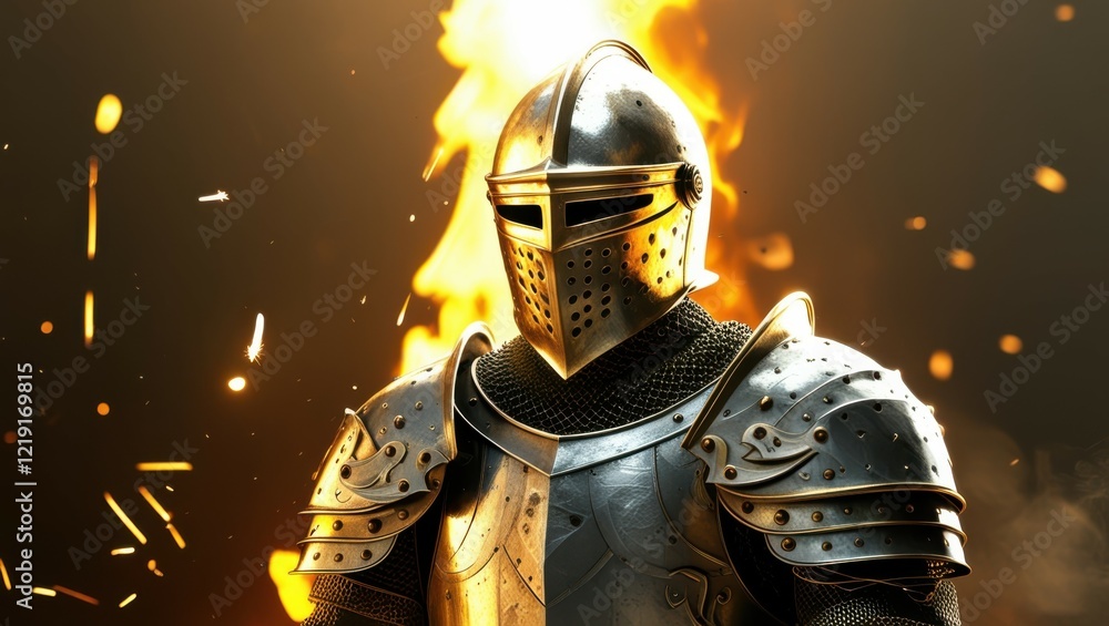 Fototapeta premium medieval knight, shining armor, golden helmet, intense flames, dramatic lighting, fiery background, sparks flying, epic fantasy, detailed metalwork, heroic pose, cinematic composition, high contrast, 