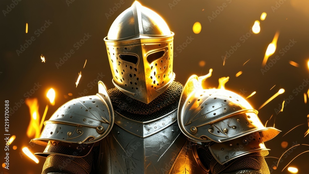 Fototapeta premium medieval knight, shining armor, golden helmet, intense flames, dramatic lighting, fiery background, sparks flying, epic fantasy, detailed metalwork, heroic pose, cinematic composition, high contrast, 