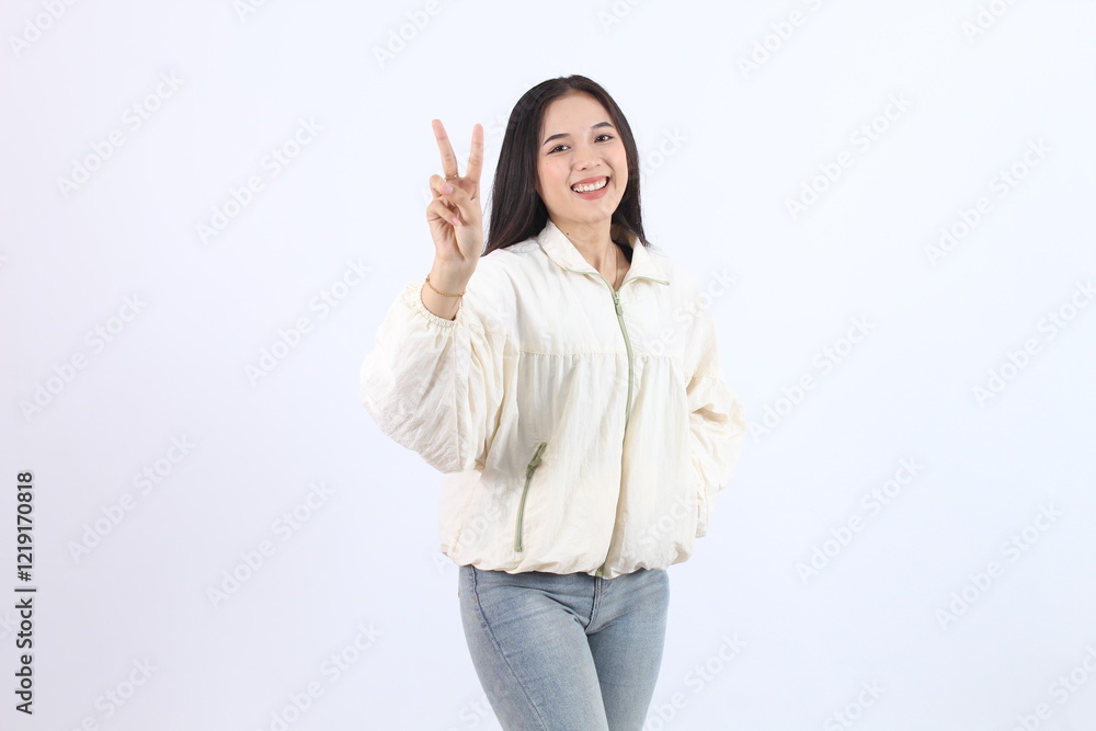 Smiling Adult Asian Woman Showing Peace Gesture in Casual Outfit showing number 2 (two) with finger Smiling Adult Asian Woman Showing Peace Gesture in Casual Outfit showing number 2 (two) with finger