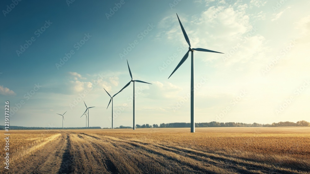 Majestic Wind Turbines Standing Tall Against a Beautiful Sky and Golden Wheat Fields, Symbolizing Renewable Energy and Sustainable Agriculture Majestic Wind Turbines Standing Tall Against a Beautiful Sky and Golden Wheat Fields, Symbolizing Renewable Energy and Sustainable Agriculture