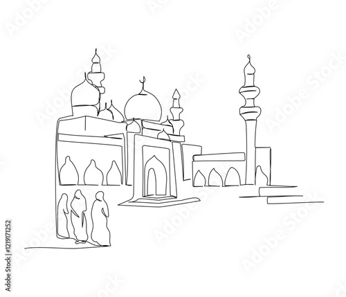 Muslim house of prayer, square near the mosque, visitors, believers, architecture one line art. Continuous line drawing of online Muslims, Islam, traditions, clothing, folk, oriental.